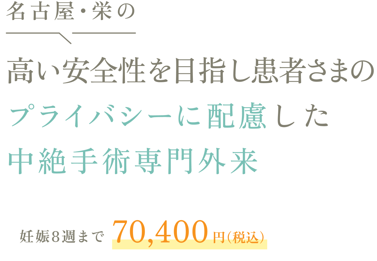 名古屋･栄の高い安全性を目指し患者さまのプライバシーに配慮した中絶手術専門外来妊娠8週まで64,000円（税抜）